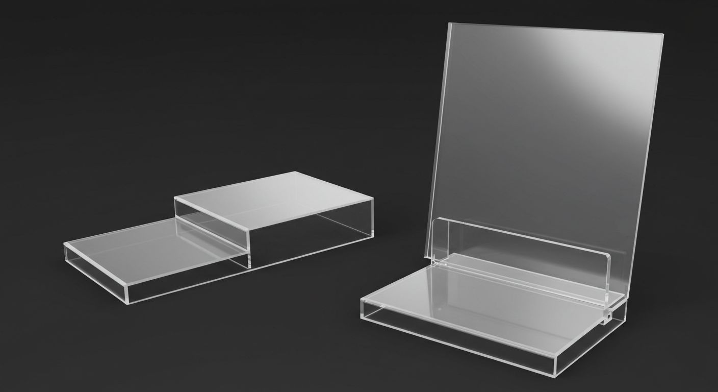 An assortment of clear acrylic stands used for different products on a retail shelf