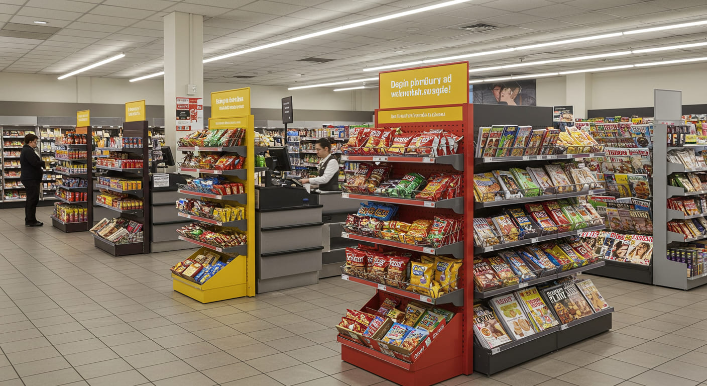 A busy but organized checkout area with several effective Point of Purchase displays for snacks and magazines