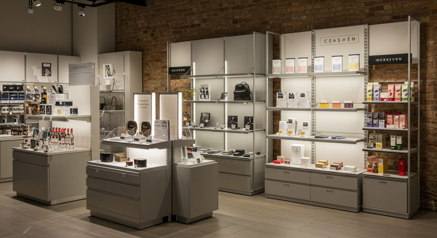 A collection of well-designed, stable, and effective display stands in a retail setting