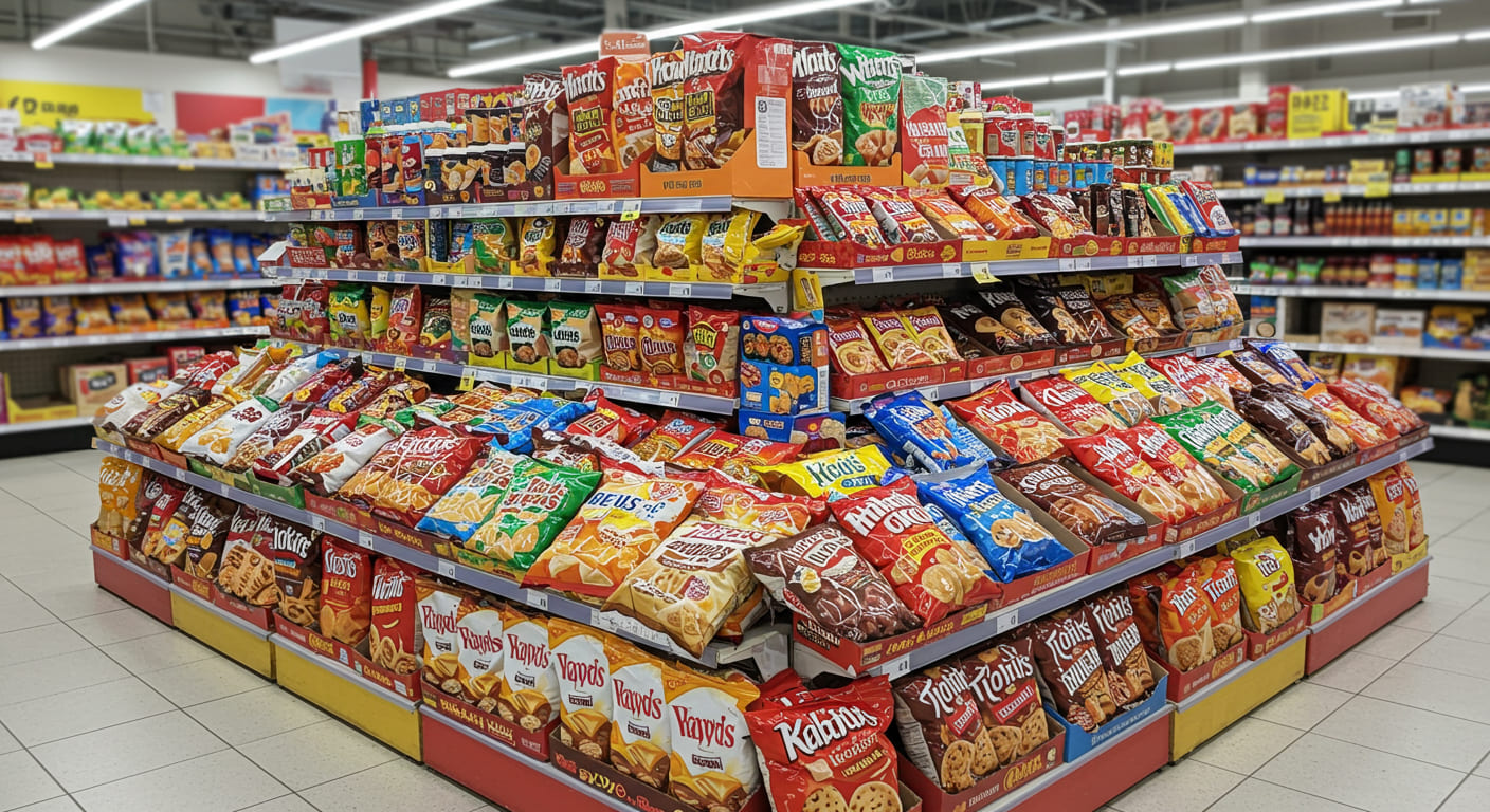 A colorful cardboard tray floor display full of snacks at the end of a supermarket aisle
