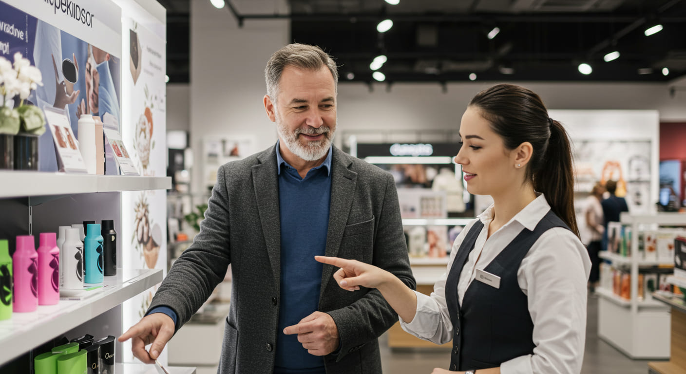 A person pointing at a stylish display fixture in a retail store and talking to the manager