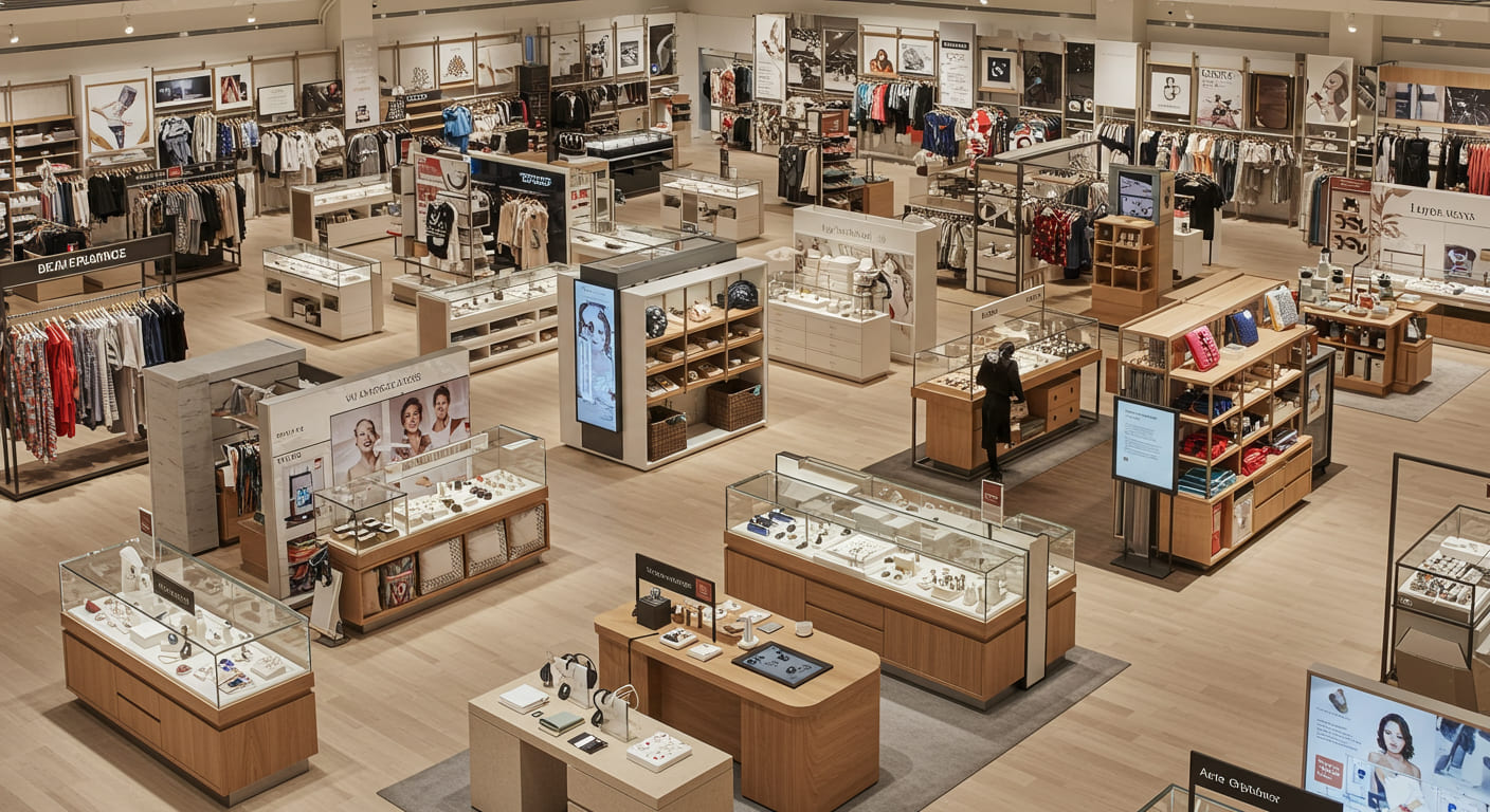 A variety of retail fixtures and displays inside a department store