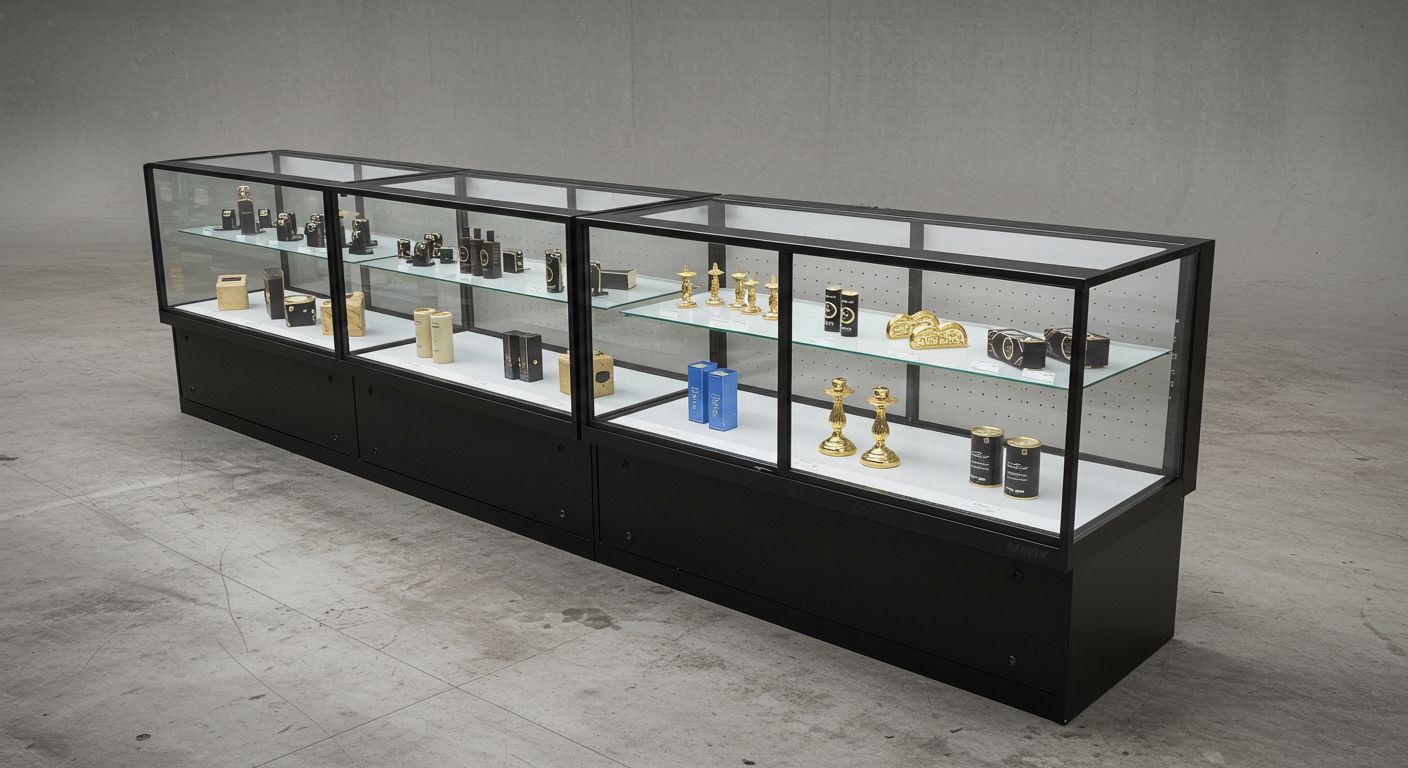 A graphic illustrating the different names for a glass display case with images of each type