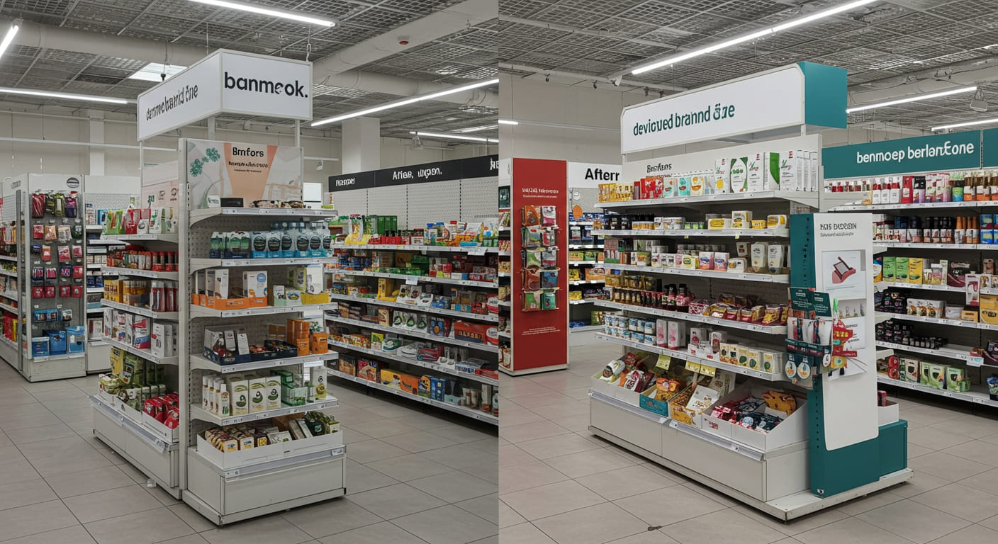 A before-and-after shot: one side shows generic shelving, the other shows a dedicated brand zone with custom fixtures