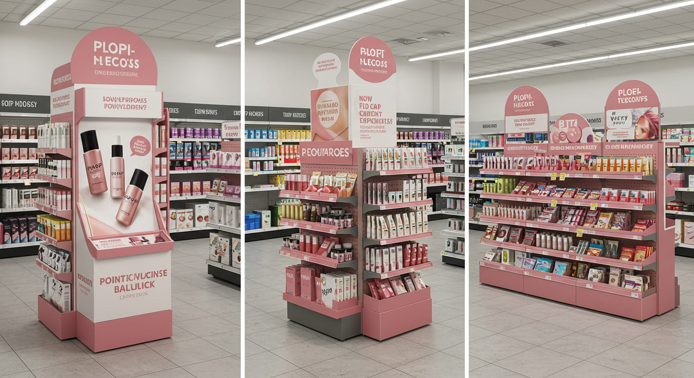 A collection of different display types, including a POP display, an end cap, and a floor stand, each with labels