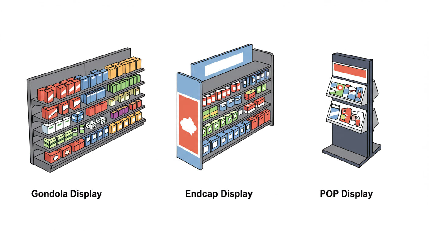 An illustration showing different displays labeled: gondola, endcap, and POP display