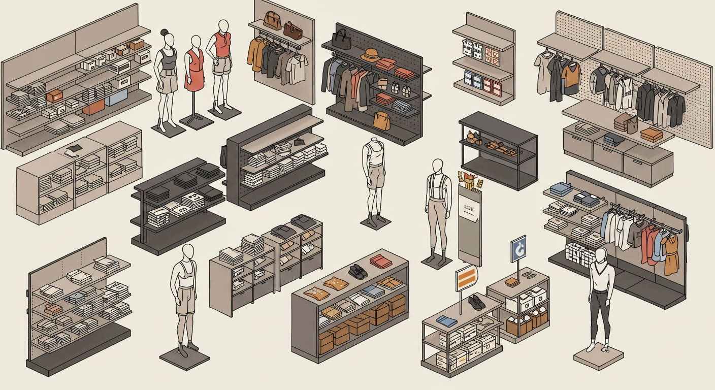 An illustration showing different types of retail fixtures like gondolas, slatwall, and mannequins