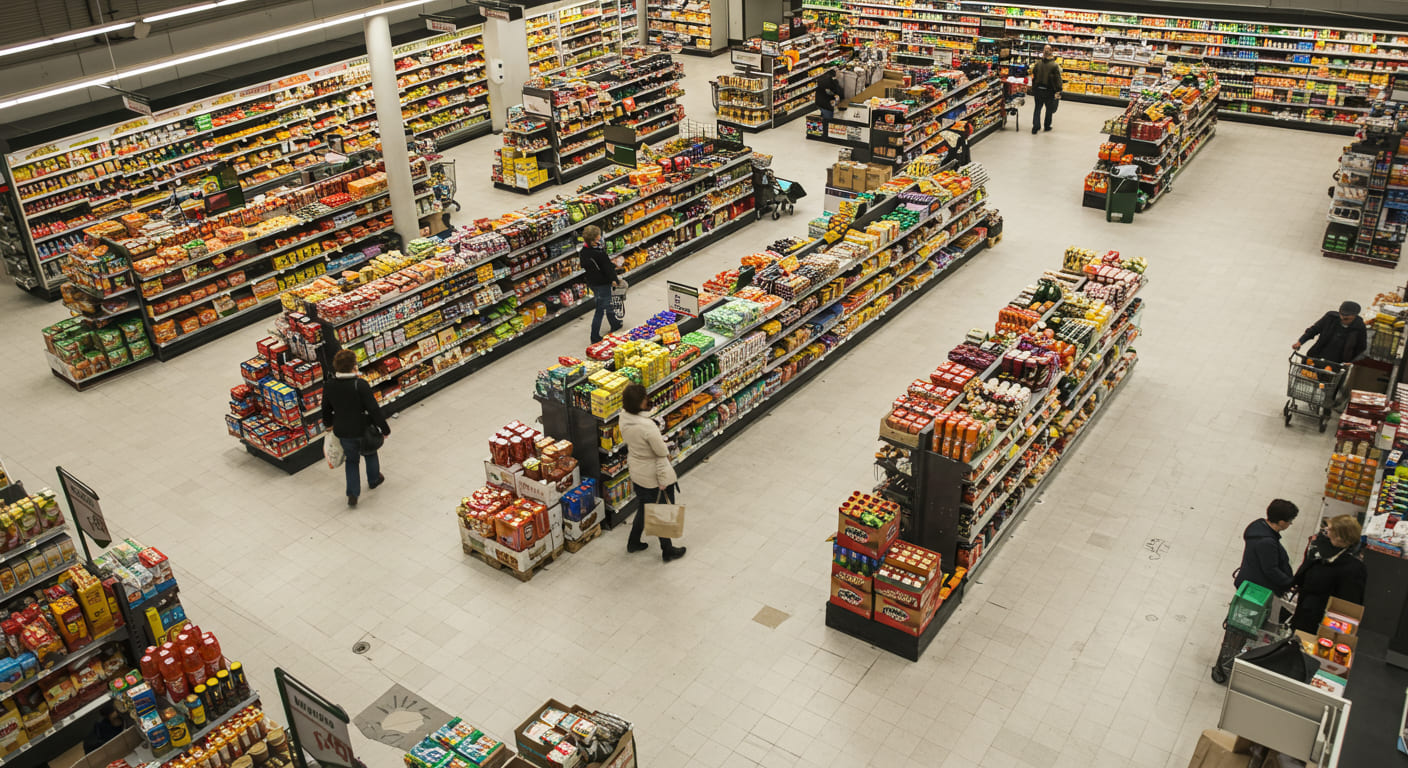 An overhead view of a supermarket with a classic grid layout floor plan