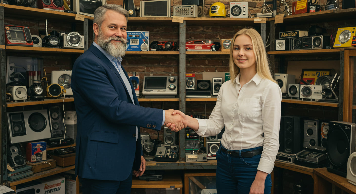 Two people shaking hands in front of a used retail display, finalizing a negotiation