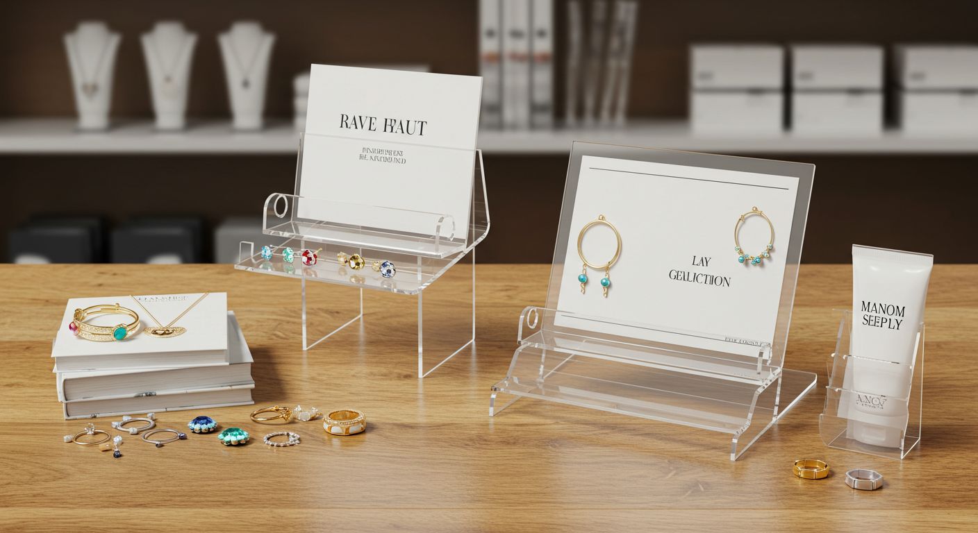 A retail counter showing various uses of acrylic stands for phones, jewelry, and signs