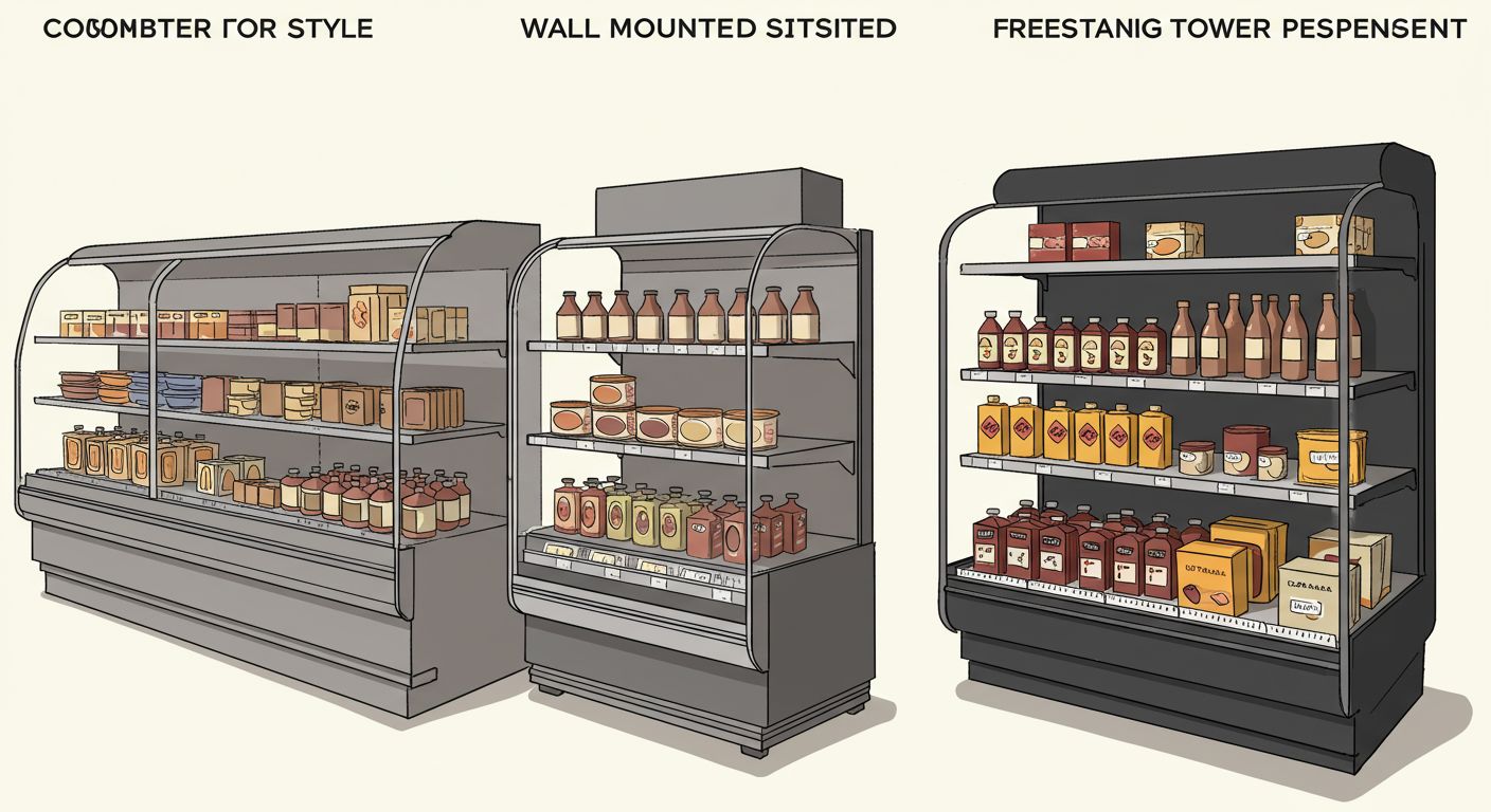 An image showcasing the four main types of display cases: countertop, wall-mounted, tower, and pedestal
