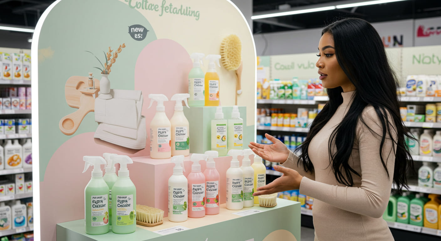 A customer stopping to look at an engaging retail display that clearly highlights a product