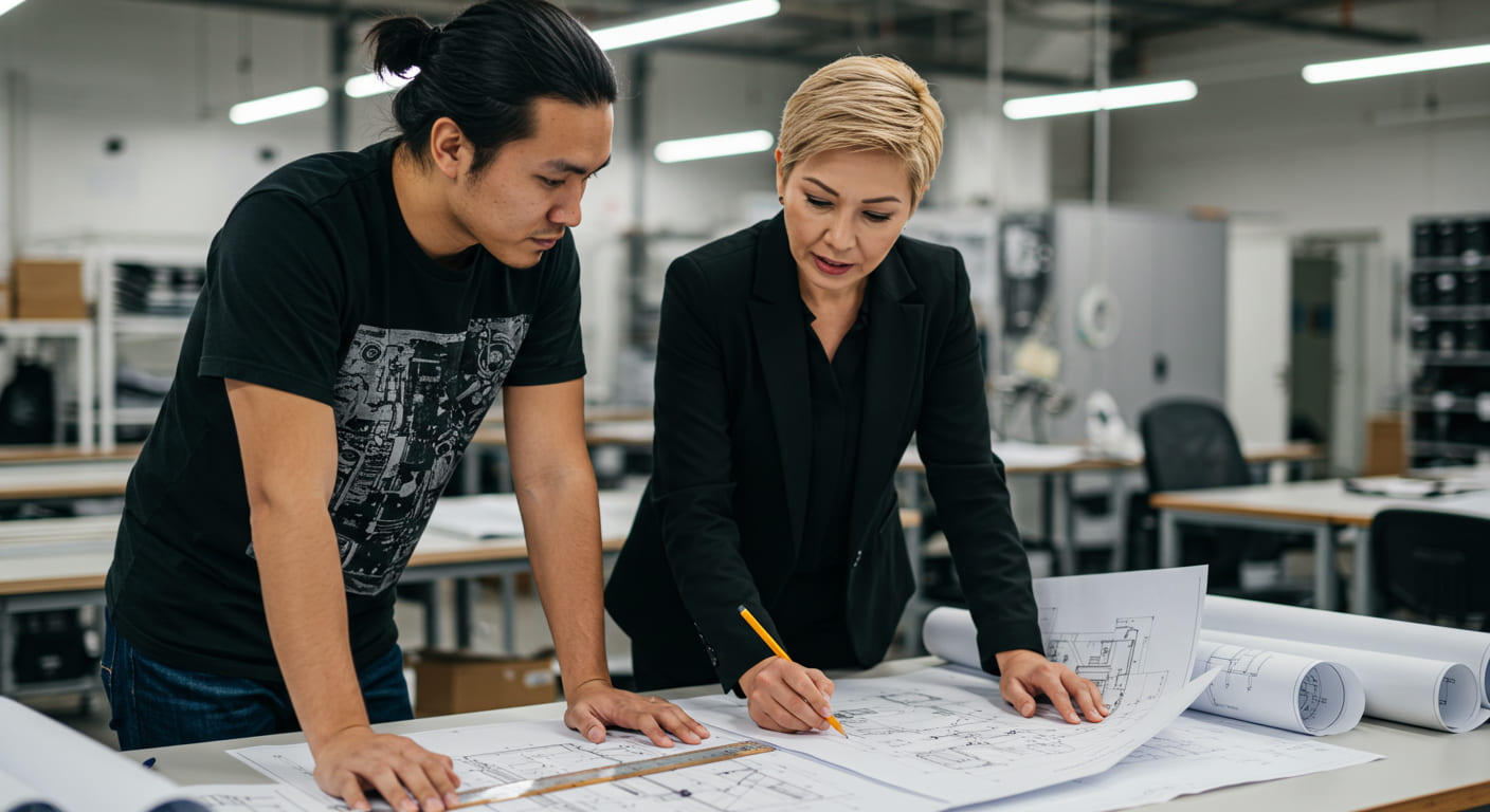 A designer and a factory manager looking at technical drawings, using professional terms