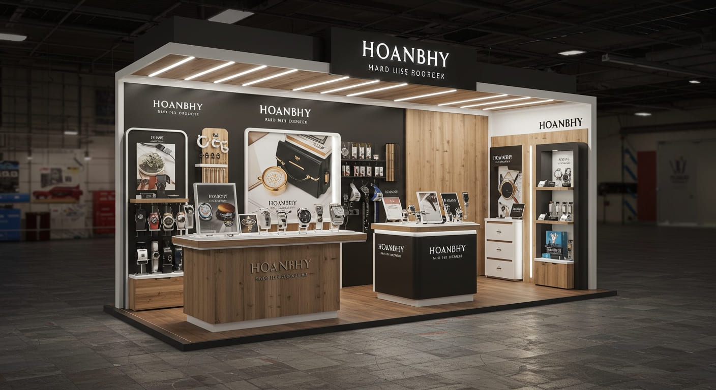 A display that sleekly incorporates both the store's logo and the manufacturer's brand identity