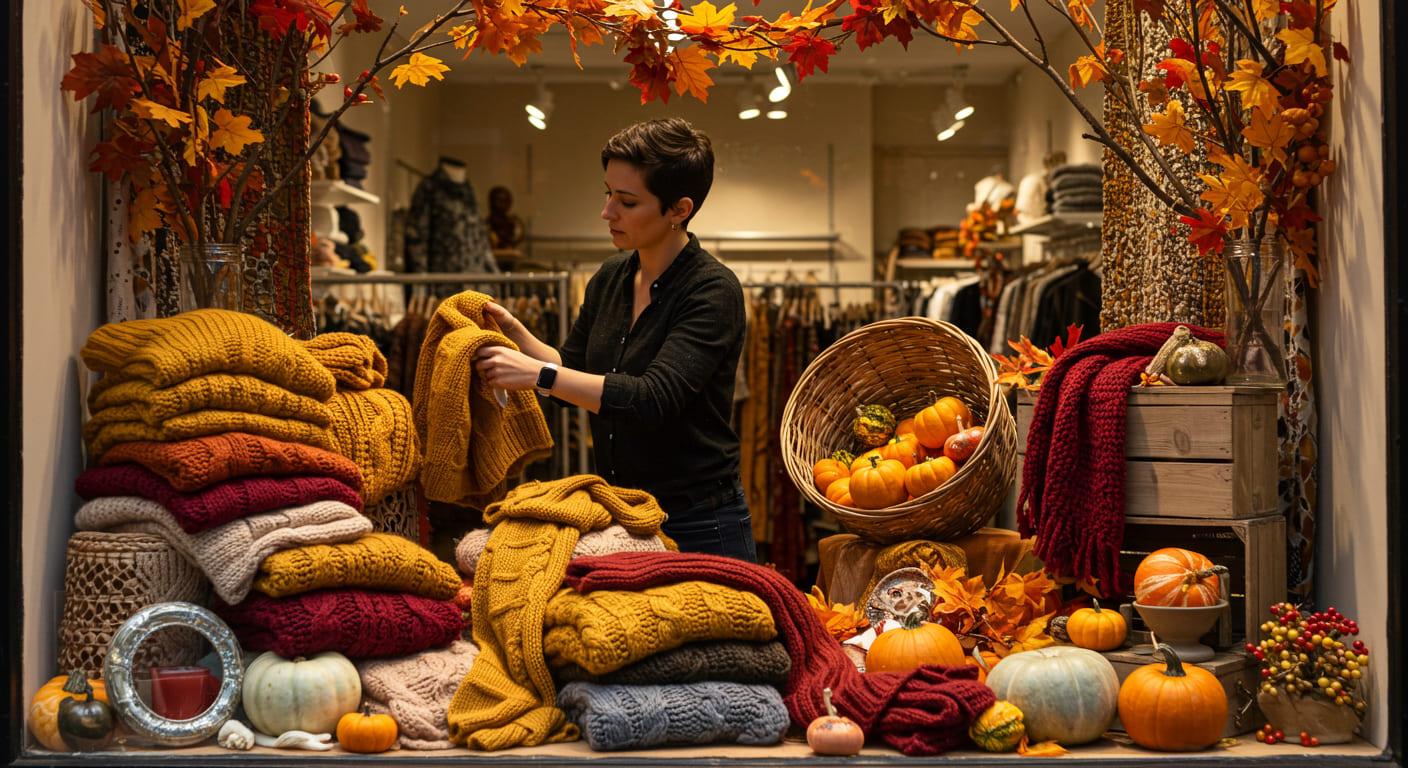 A visual merchandiser changing a display from a summer theme to an autumn theme