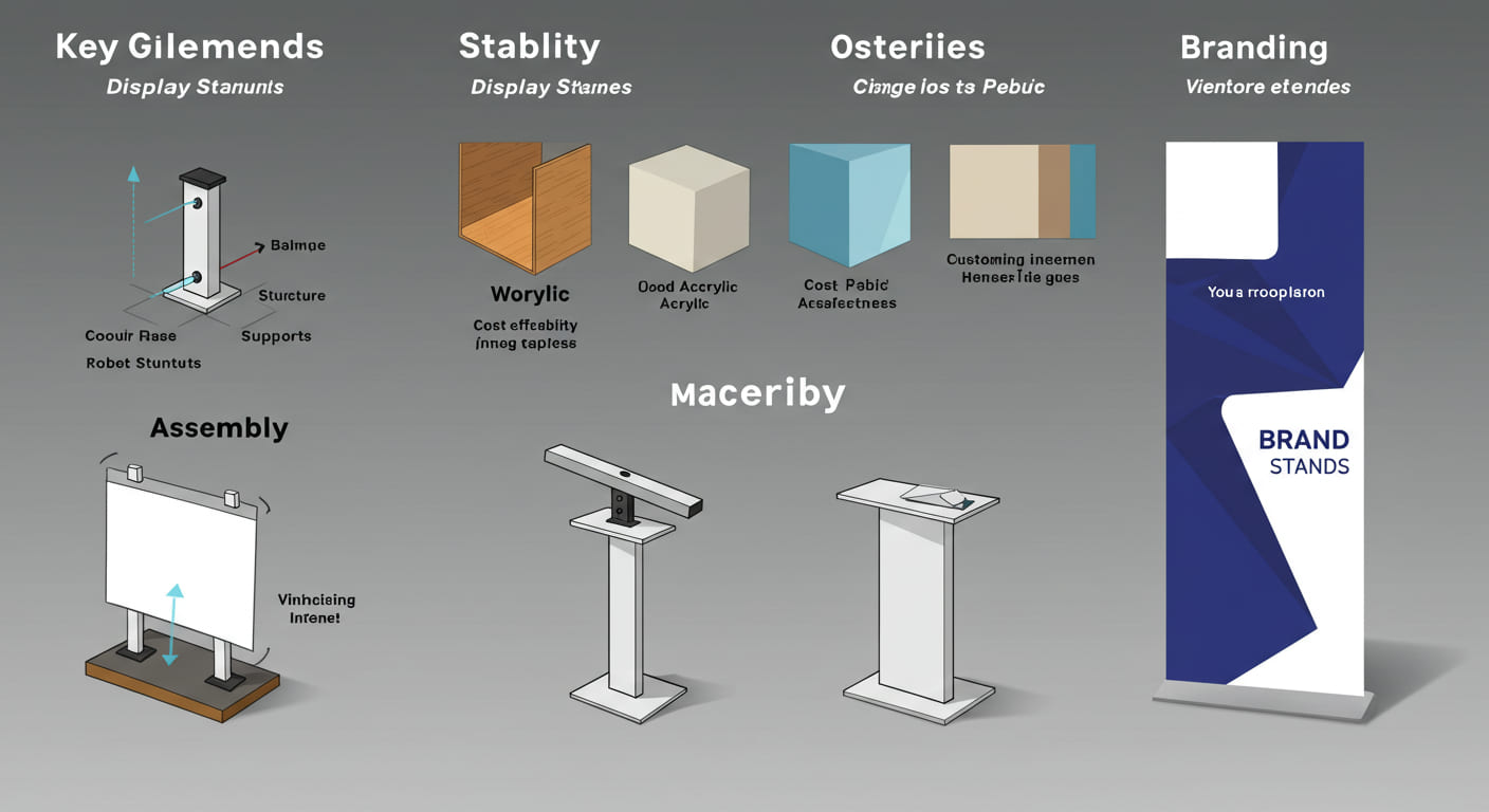 An infographic showing the key elements of a display stand: stability, materials, assembly, and branding