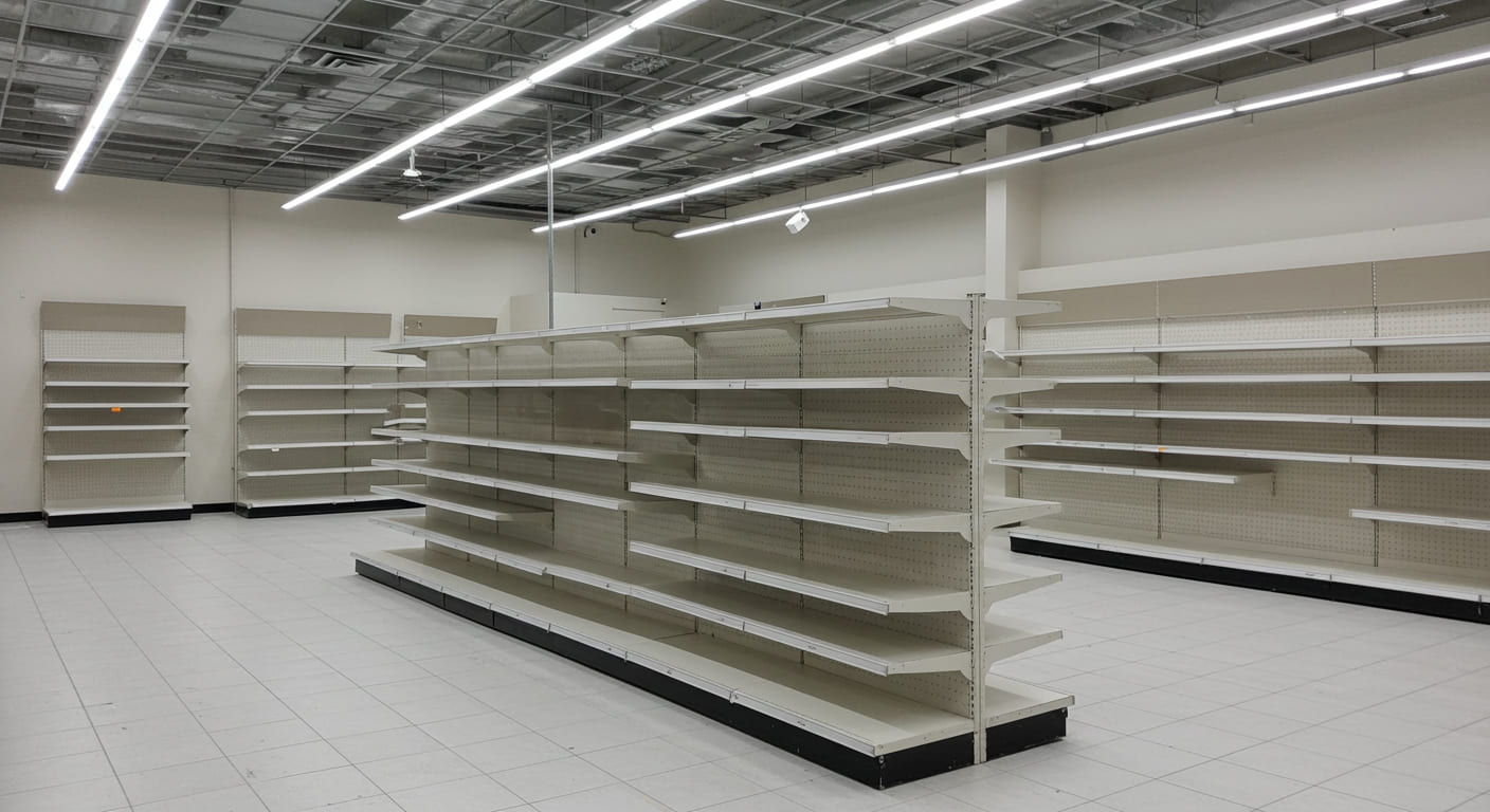 The 'bones' of a retail store, showing empty gondola shelving and wall fixtures before products are added