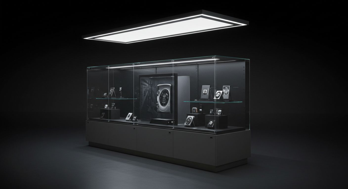 A custom display case for collectibles with bright, integrated LED spotlights on each shelf