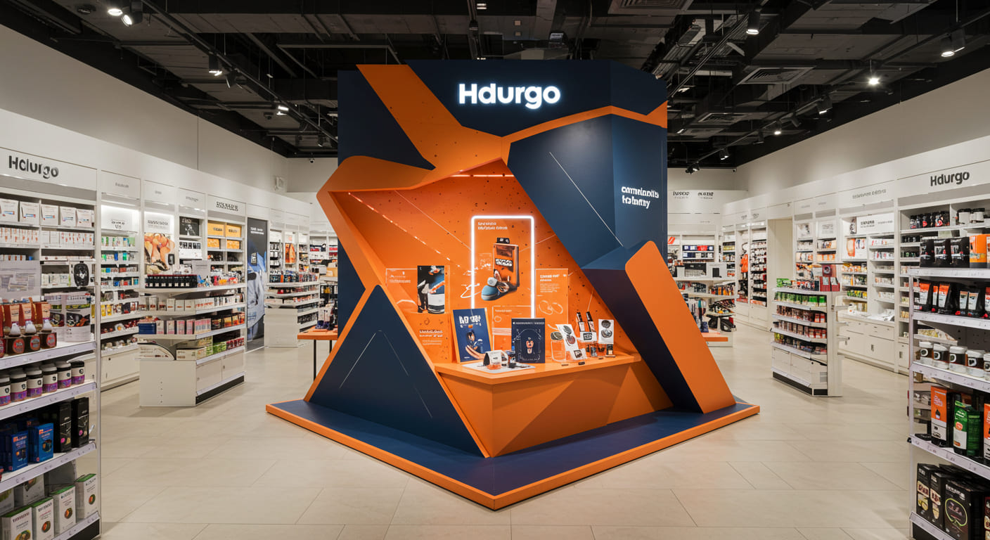 A brand's eye-catching display placed in a prime, high-traffic location within a specialty store
