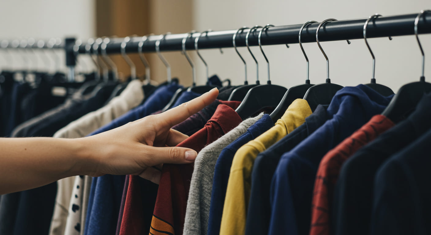 A close-up of a clothing rack with a hand showing two fingers of space between hangers