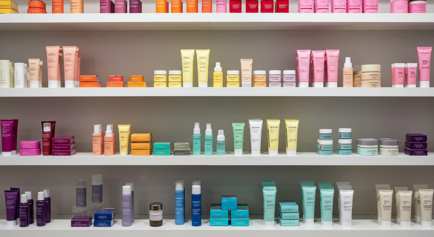 A beautifully merchandised shelf with products arranged by color and using risers for height