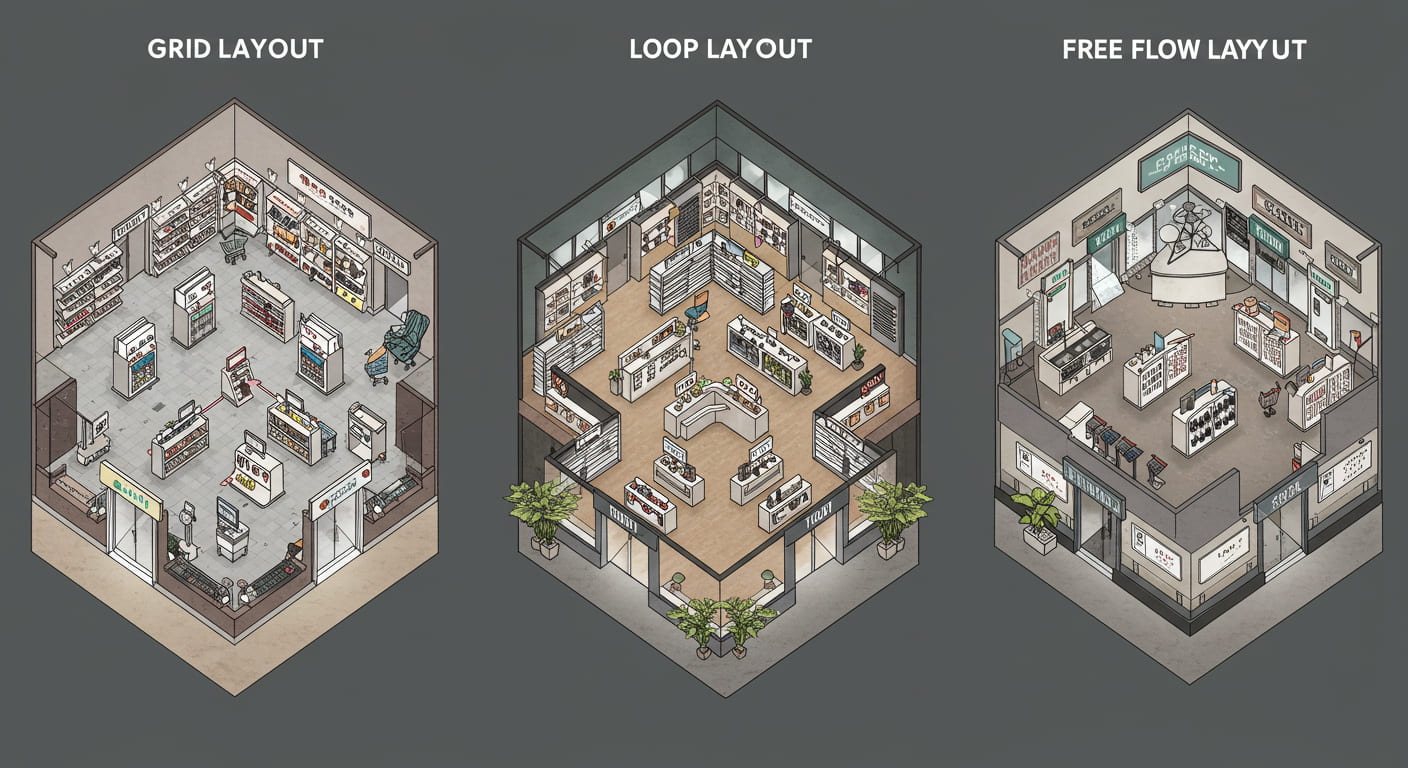 A top-down view showing three different store layouts: grid, loop, and free-flow