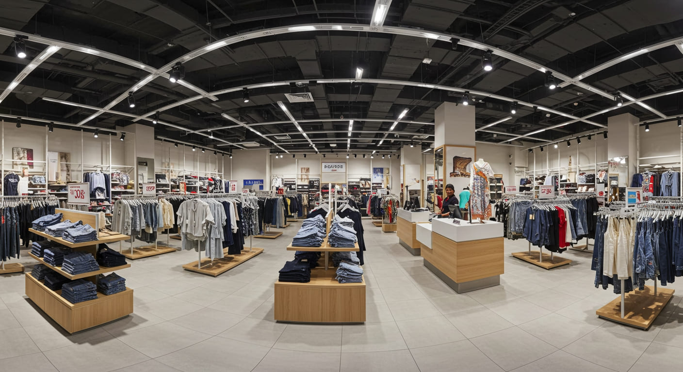 A wide view of a retail store showing not just displays, but the checkout counter and fitting rooms as well