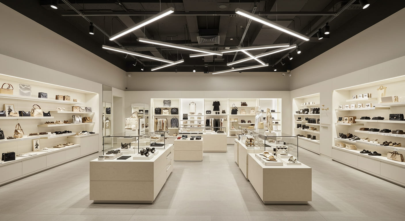 A wide-angle view of a cohesive store section where displays, fixtures, and lighting all work together