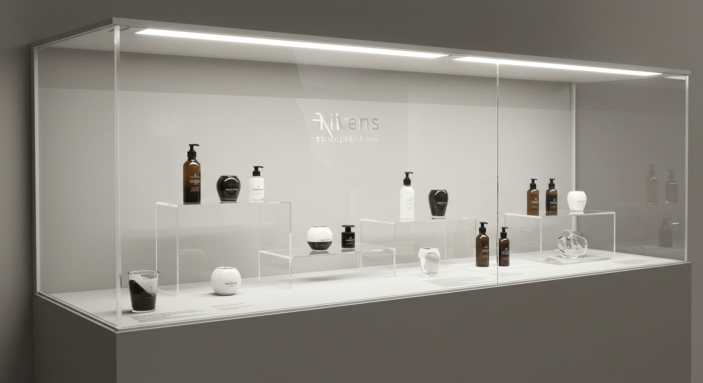 A beautifully styled display case with excellent lighting, risers, and a clean background