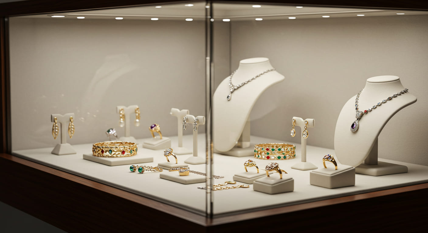 A close-up of a well-lit display case showcasing expensive and delicate jewelry pieces
