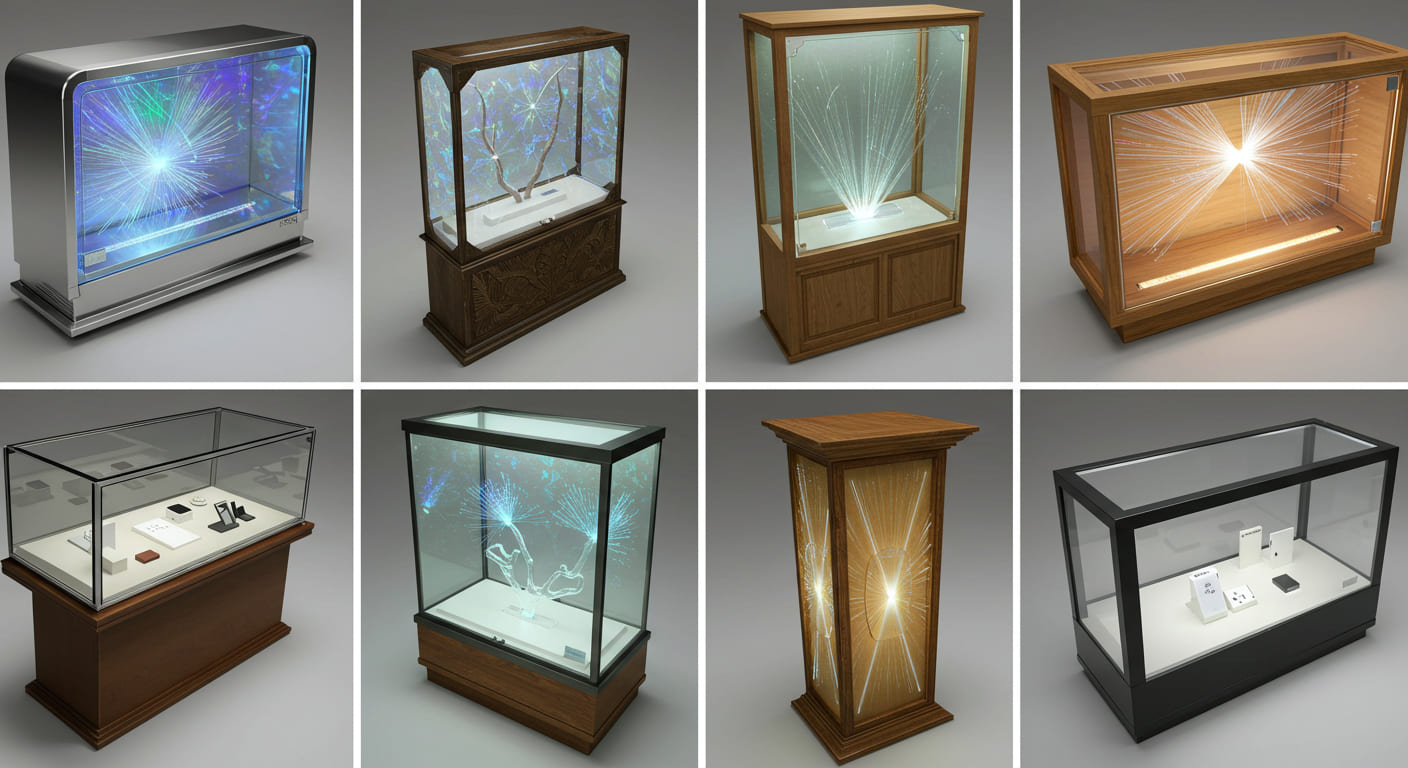 A collection of unique and creative display cases with innovative lighting and materials