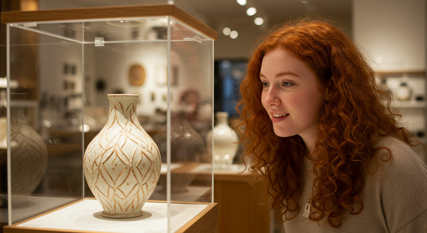 A customer leaning in to admire a beautiful product safely enclosed in a display case