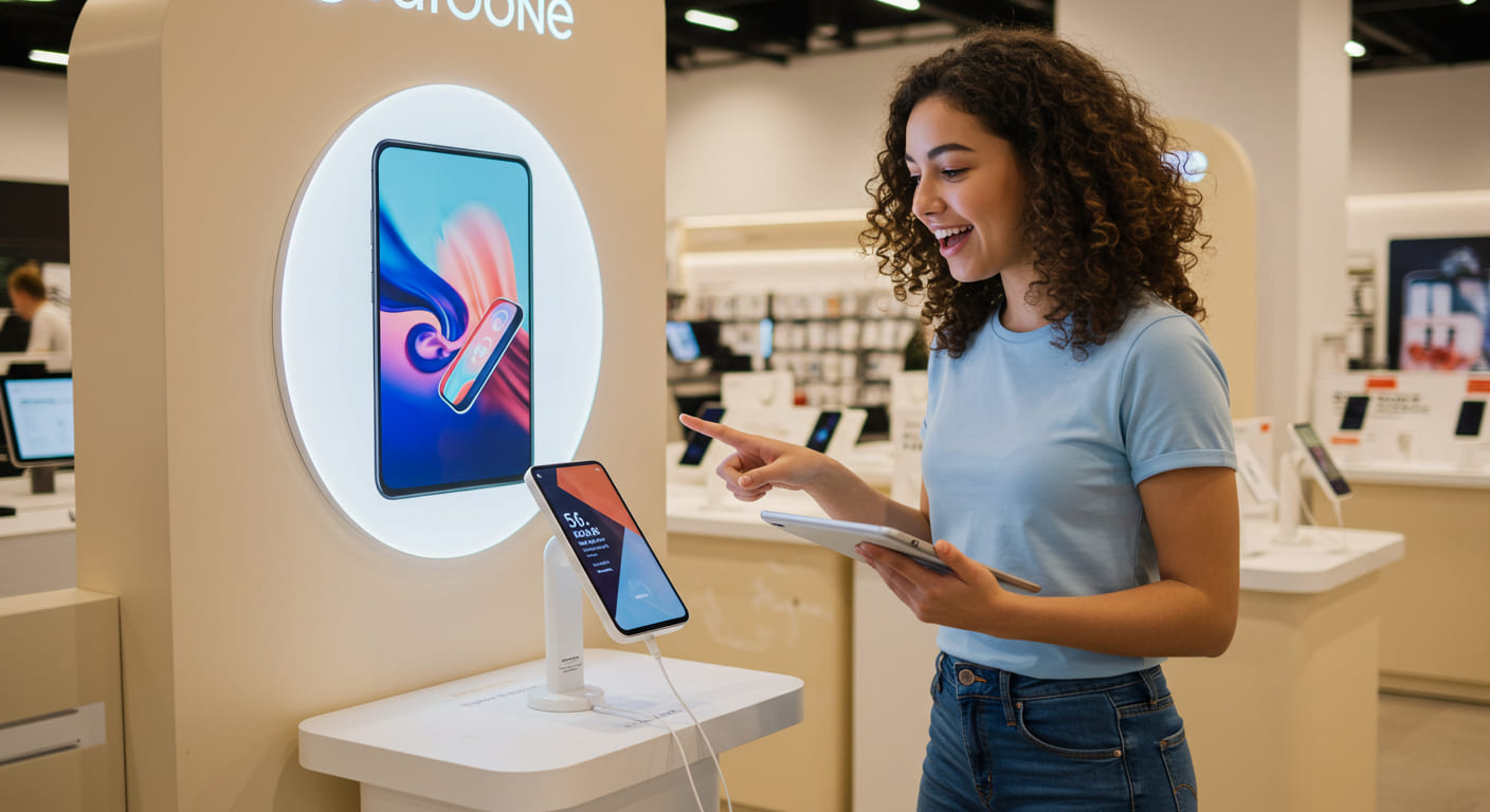 A customer smiling as they interact with an engaging product display