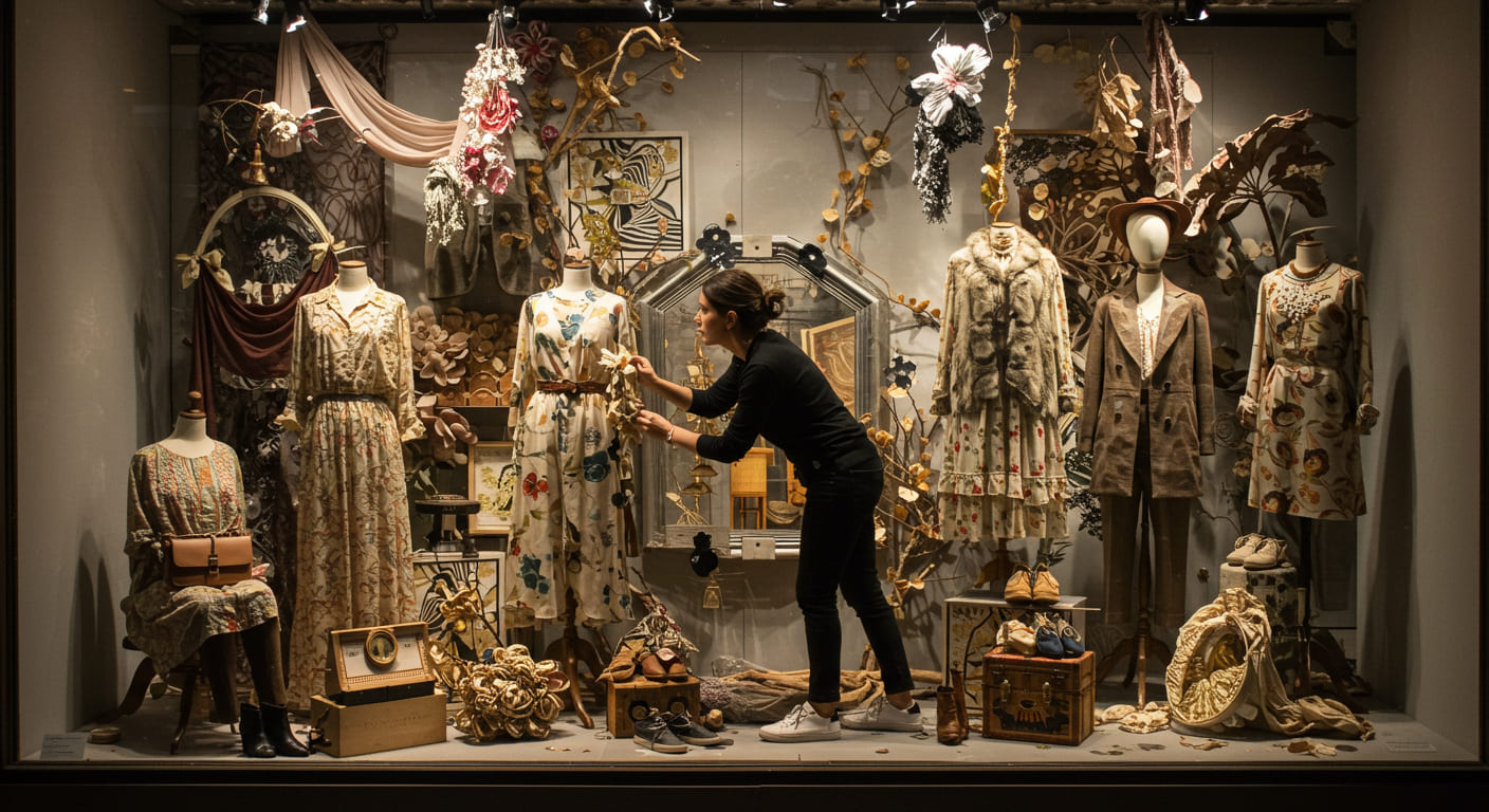 A visual merchandiser looking thoughtfully at a half-finished, complex window display