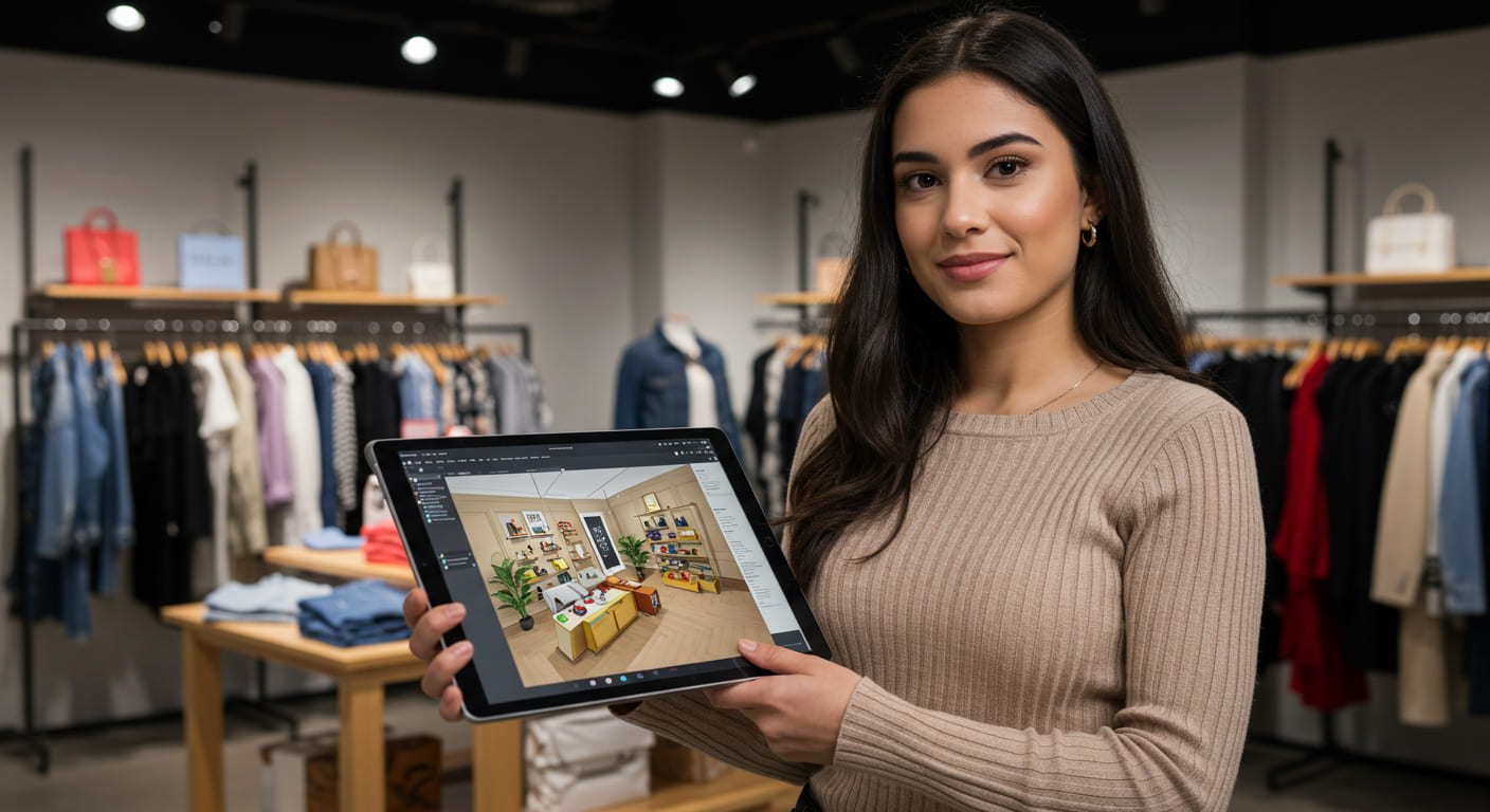 A visual merchandiser planning a store layout on a large tablet