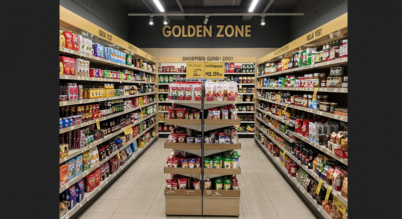 A diagram showing the different zones of an end cap, with the "Golden Zone" highlighted at eye level