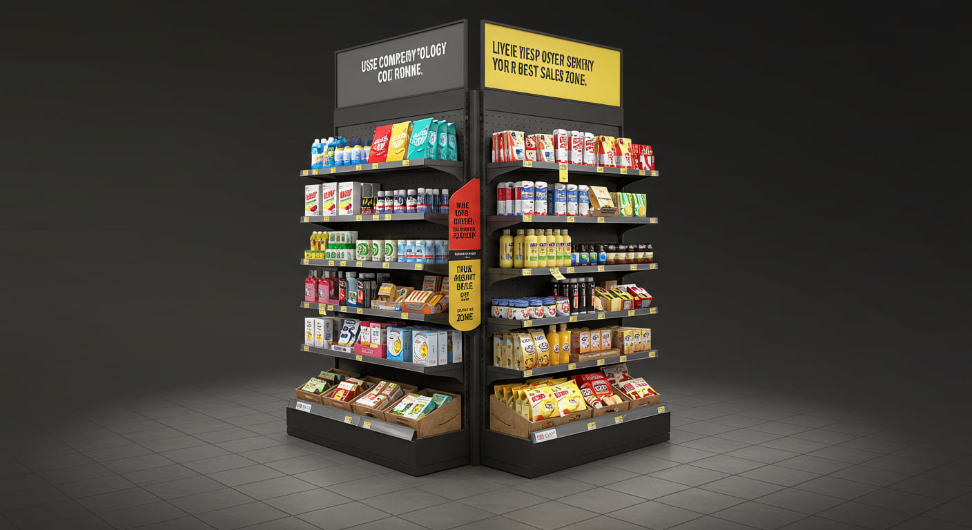 A brightly colored end cap display standing out in a neutral-toned store aisle