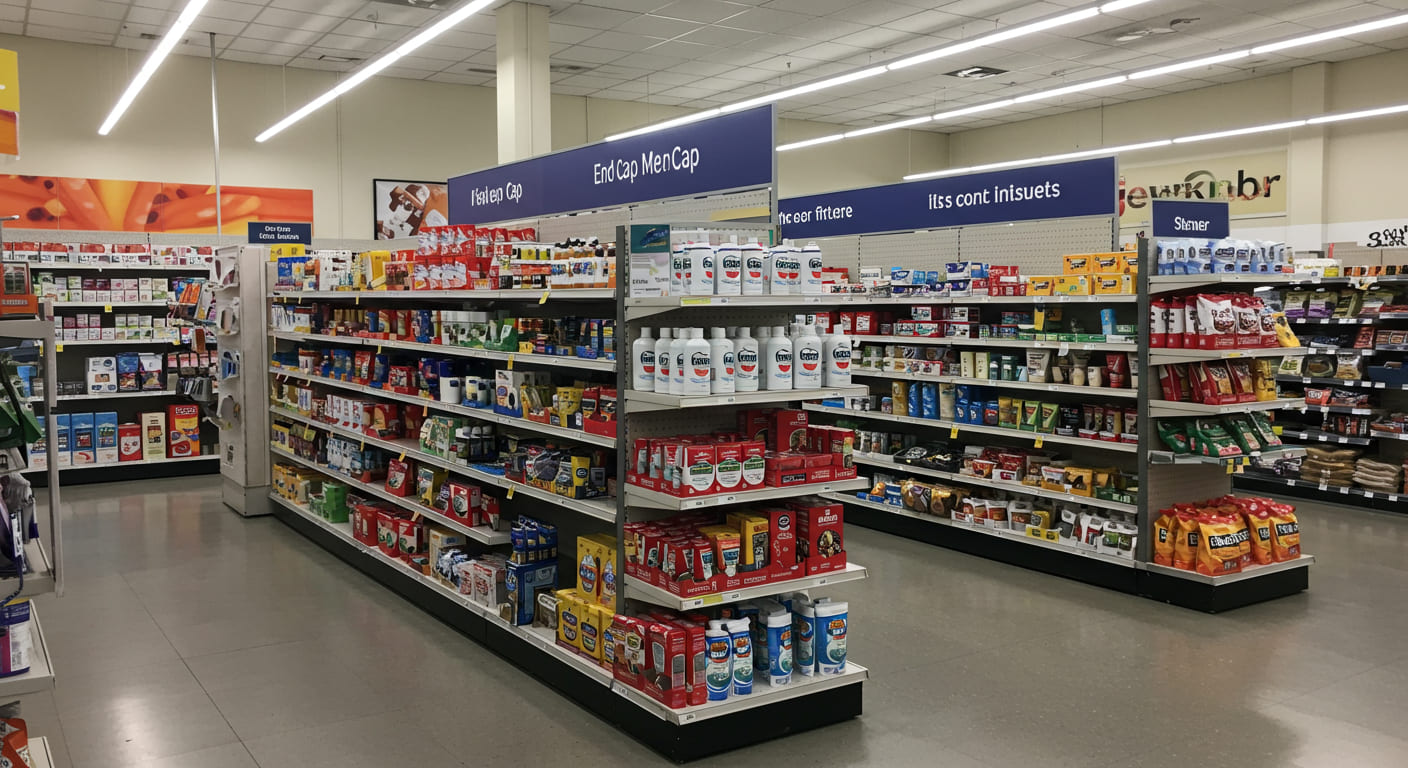 A dynamic and colorful custom end cap display stopping a shopper in a retail aisle