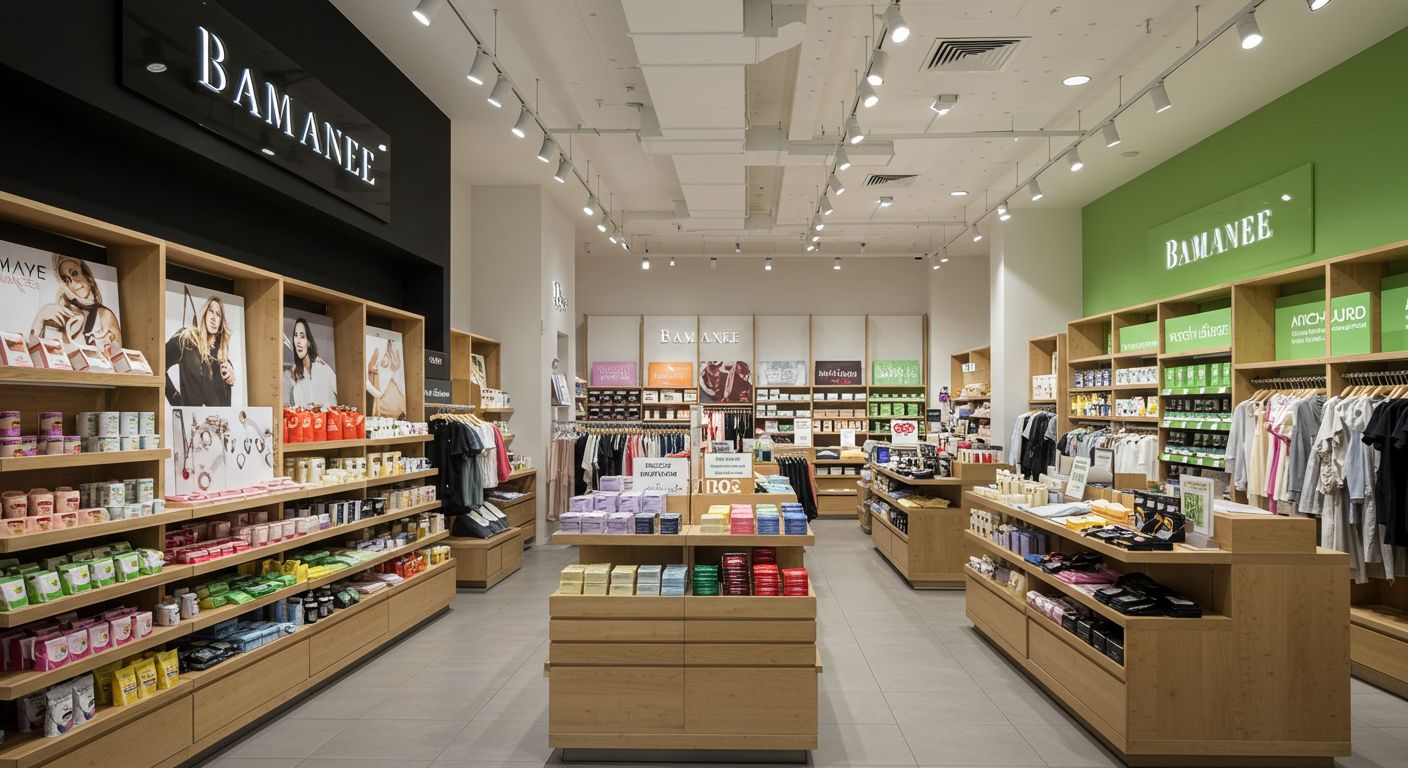 A comparison of two stores: a luxury boutique with black fixtures and a bright, colorful toy store