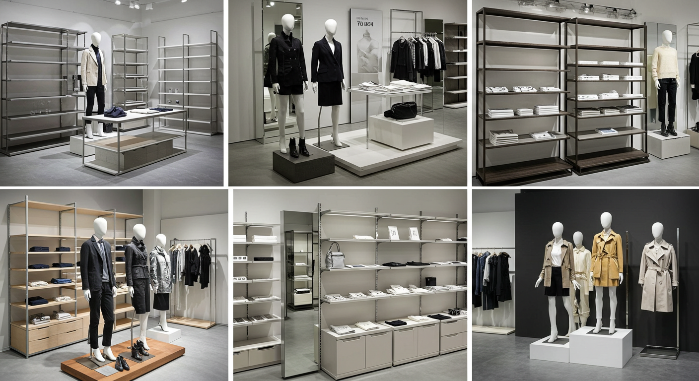 A collection of various retail displays, including shelving, stands, and mannequins, in a modern store