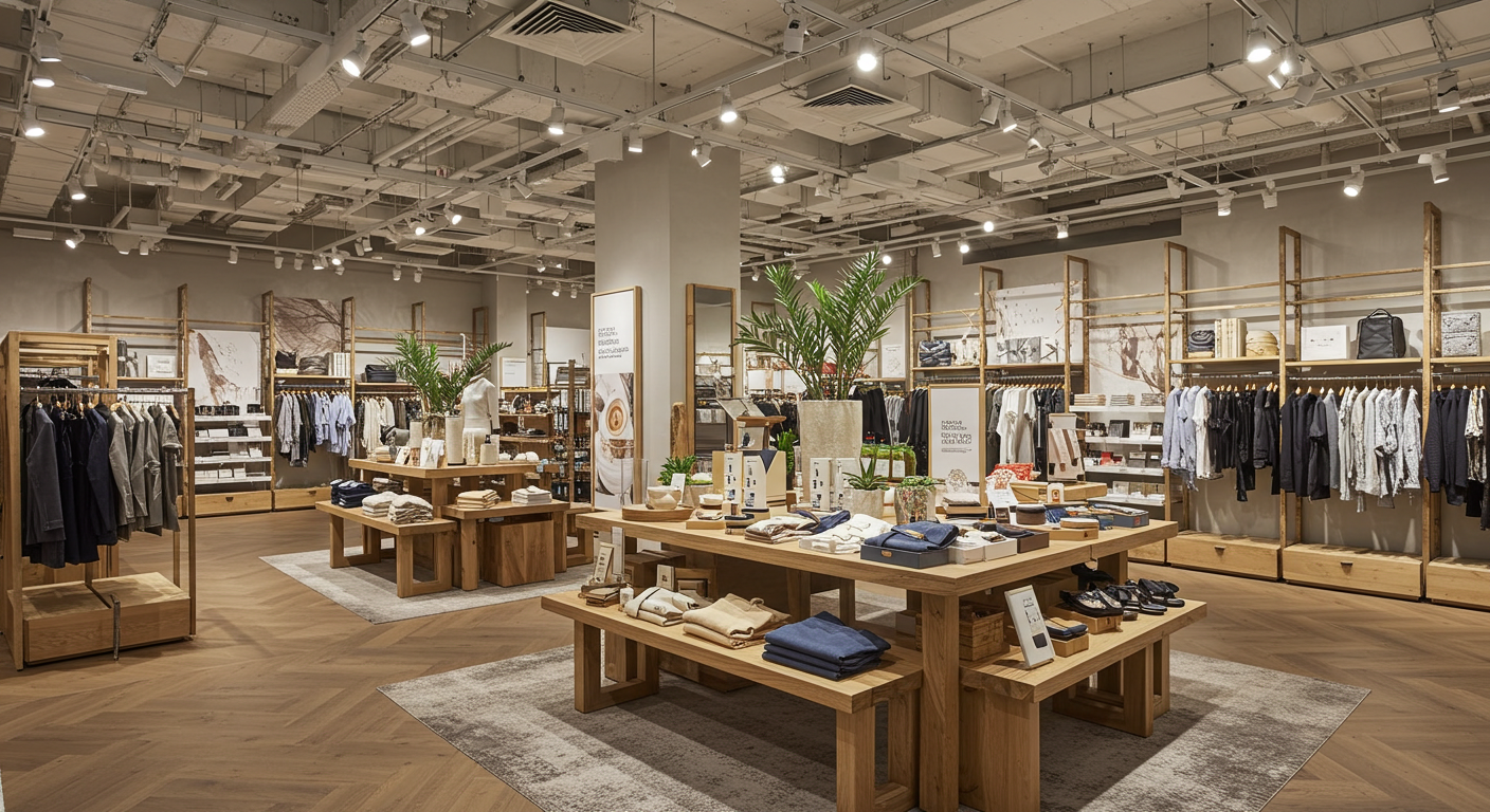 A wide shot of a cohesive store interior (Visual Merchandising) with a close-up on a specific table display