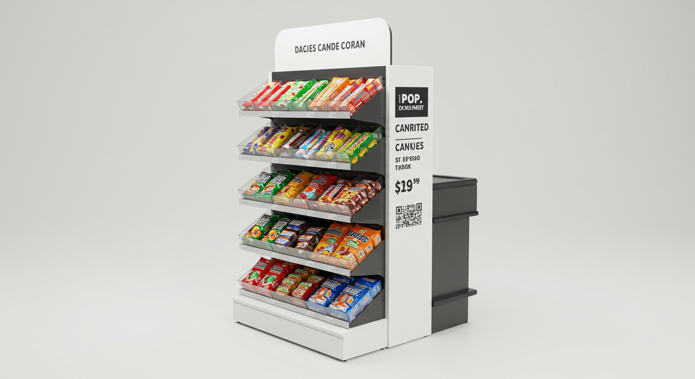 A point-of-purchase (POP) display for candy located right next to a checkout counter