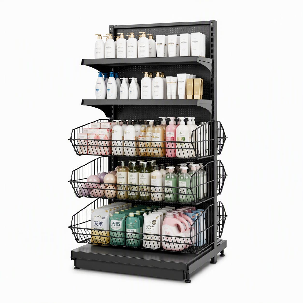 Bespoke Shopfitting 3 Way Tiered Basket & Shelf Endcap
